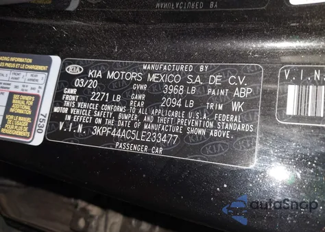 2020 Kia Forte Gt из США, поврежденный, VIN 3KPF44AC5LE233477